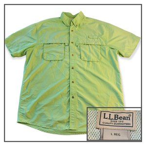 LL Bean Mens Button Up Shirt Size L Fishing Short Sleeve Pocket Green Cape